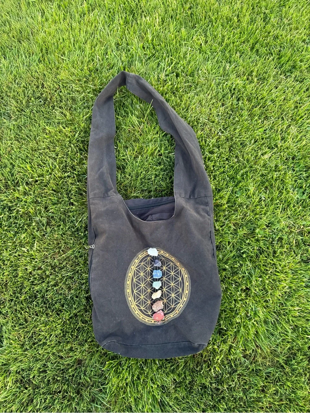 Boho Chakra Crystal Canvas Hobo Bag Black Slouchy Crossbody Tote Hippie Festival